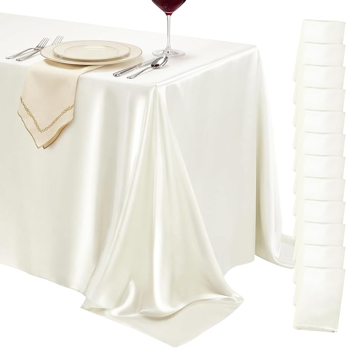 12 Pack Ivory Satin Tablecloth 58 x 102 Inches, Rectangular Satin Table Cloths for Wedding Reception, Birthday Party, Graduation & Holiday Banquet Tables