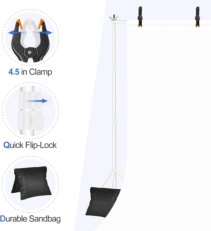 EMART Backdrop Stand 10x7ft(WxH) Photo Studio Adjustable Background Stand Support kit with 2 Crossbars, 8 Clamps, 2 Sandbags and Carry Bag for Parties, Events Decoration, Wedding, Photography -White