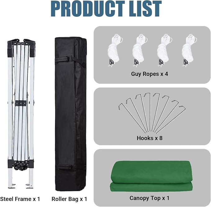10x10 Pop Up Canopy Tent, One Push Center Lock Instant Setup Folding Shelter, High Strength Steel Frame and Handheld Carry Bag, Ground Stakes and Wind Ropes for Camping, Parties, Green