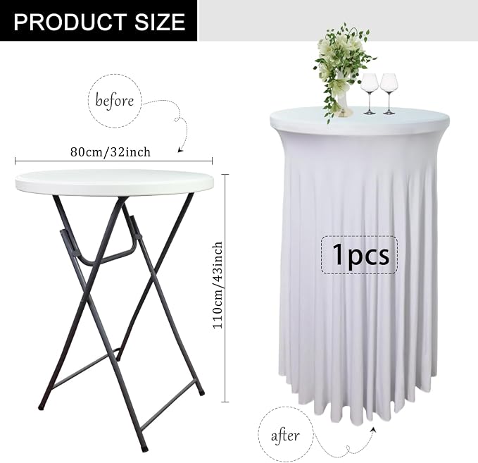 1 Pack 32"x43" White Round Cocktail Table Skirt | Spandex Fitted High Top Table With Skirt | Stain, Wrinkle Resistant, Washable for Bar Wedding Party Banquet