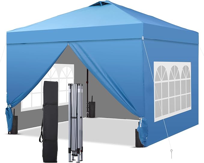 GDY 10x10 Pop Up Canopy Tent with 4 Sidewalls, Easy Set up, Outdoor Silver Coated Beach Gazebos, Carpas with 4 Sandbags, for Events, Parties,Camping,Blue.