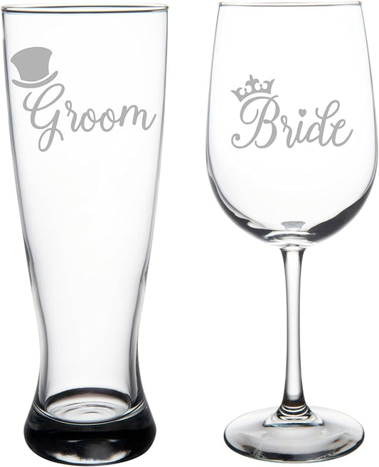 C M - Groom with Top Hat and Bride with Crown - Wedding Couple Glass Set - 23 oz. Beer Pilsner and 19 oz. Wine Glass - Anniversary Engagement Bridal Gift - 2 Pieces
