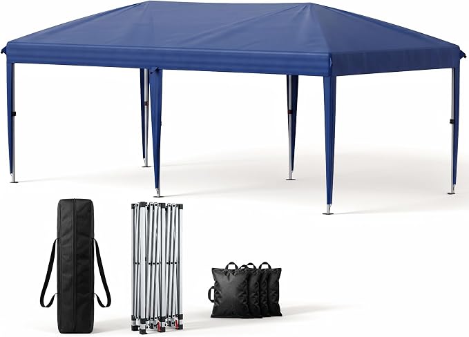 10x20 Pop Up Canopy Without Sidewalls, Instant Tent with Carry Bag, Sandbags, Height Adjustable Waterproof Outdoor Canopy, Outdoor Canopy for Events, Camping, Parties (Blue)