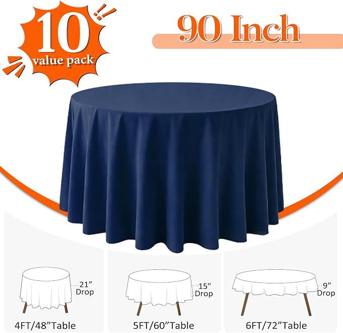 10 Pack Navy Blue Round Tablecloth 90 Inch Round Table Cloth Wrinkle Resistant Navy Blue Tablecloth Washable and Reusable Polyester Fabric Table Covers for Banquet Wedding Party Dining Buffet