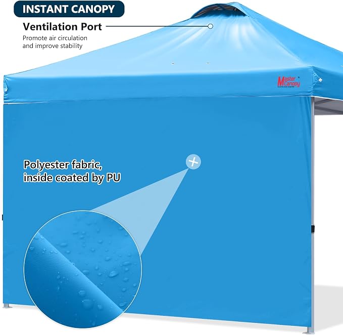 MASTERCANOPY 10x10 Pop Up Canopy Tent with 1 Sidewall, 1 Person Setup Instant Shelter, Outdoor Portable Beach Canopy, 1 Roller Bag, 4 Sandbags, 4 Ropes, 8 Stakes (10x10, Sky Blue)