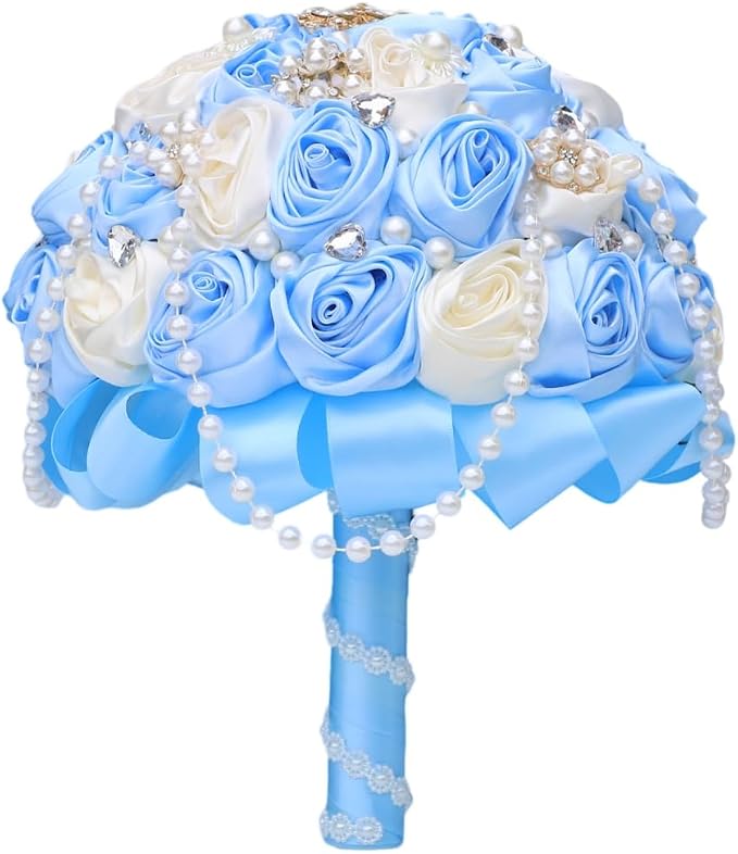 Light Blue Bridal Wedding Bouquet with Rhinestone Brooch Pearl String Cascade Bouquet for Bride Bridesmaid Quinceanera Satin Rose Flower Bouquet Wedding Light Blue and Ivory 7.5in
