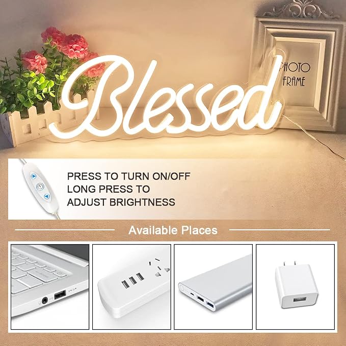 Blessed Neon Sign for Wall Decor 17x7 Inches - Blessed Led Light Up Sign 5V USB Powered with Dimmer,Led Neon Light Warm White Decor for Bedroom, Office, Home Room,Wedding Gifts