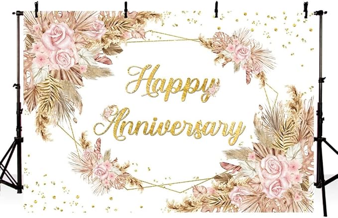 MEHOFOND 10x7ft Boho Happy Anniversary Backdrop Pampas Grass Engagement Banner Bohemia Couple Love Cheers Years 50th Wedding Birthday Party Decorations Blush Pink Floral Photography Background