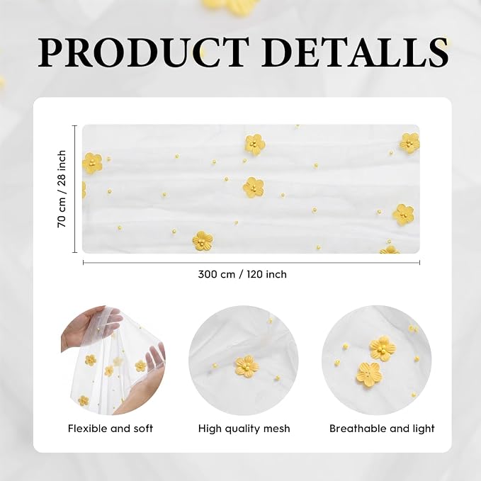 Artoid Mode Yellow Flower Pearl White Gauze Table Runner 10FT 6PC, Seasonal Sheer Dining Holiday Wedding Birthday Baby Shower Table Decor for Home Party