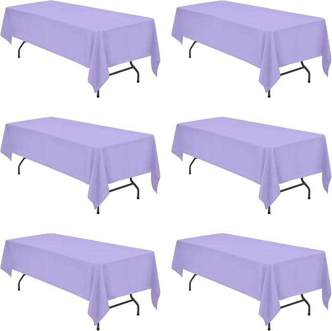 BRILLMAX 6 Pack Lavender Tablecloths 60 x 126 Inch for 8ft Rectangle Tables - 150 GSM Polyester Fabric, 15" Standard Drop, Water, Stain & Wrinkle Resistant Cloth Cover for Wedding Dining Buffet