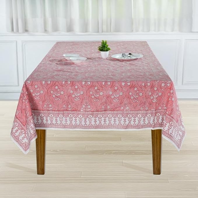 Ridhi Sweet Pink Hand Block Print Cotton Rectangle Tablecloth 120" x 80" inches Reusable Table Cover Decorative Everyday Use for Dining Room, Farmhouse, Home Gift for Spring, Mother's Day