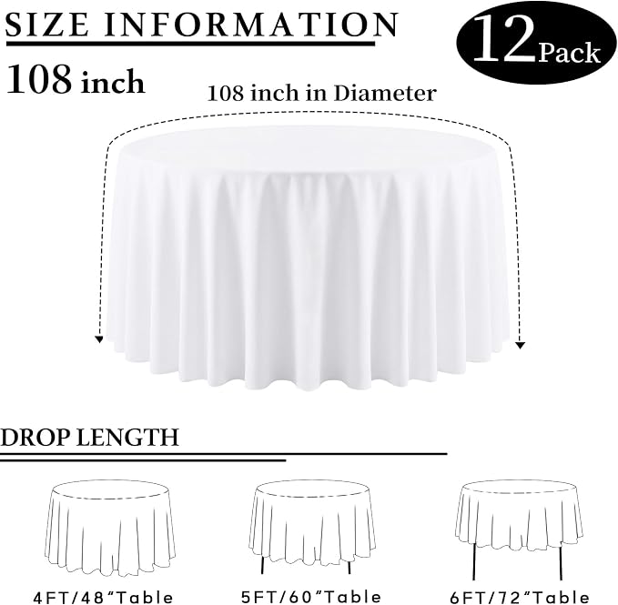 12 Packs 108 Inch White Round Tablecloth in Diameter, Washable Polyester Fabric Tablecloths, Wrinkle Resistant Table Cloth for Wedding Party Banquet Dining