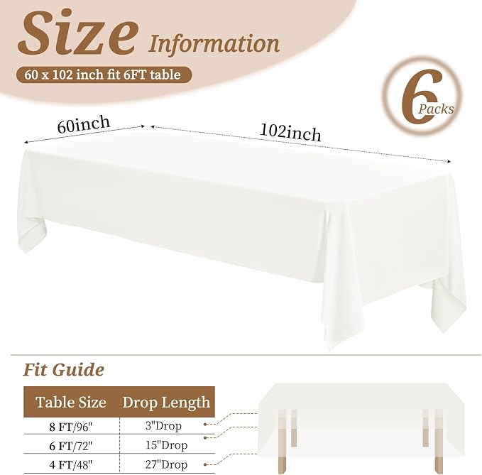 6 Pack Tablecloth 60 x102 inch Polyester Table Cloth for 6 Foot Rectangle Tables,Stain and Wrinkle Resistant Washable Fabric Table Covers Polyester Ivory Table Clothes for Wedding,Party,Banquet