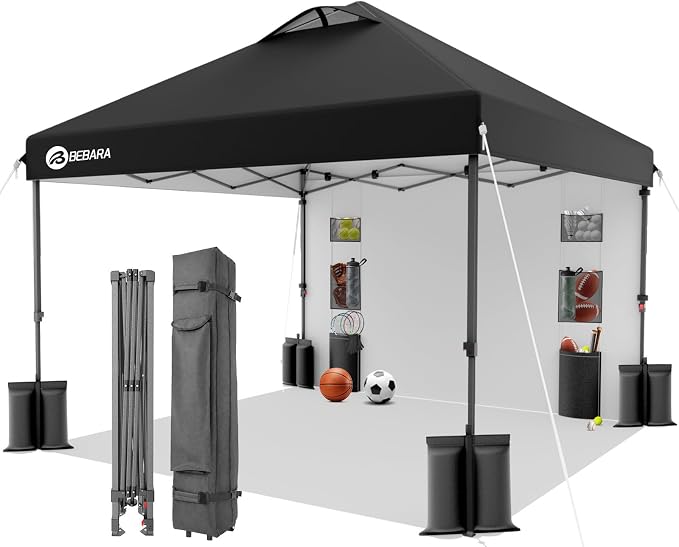 10x10 Pop Up Canopy with Sidewall, One-Person Setup - UV & Water Resistant Canopy Tent w/Wheeled Carry Bag for Beach, Patio, Camping & Events - Black