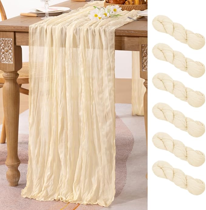 MLMC 6 Pack Beige Cheesecloth Table Runner 10ft Rustic Boho Gauze Cream Table Runner Bulk Decor 65x120 Inches for Wedding Bridal Baby Shower Party Decor