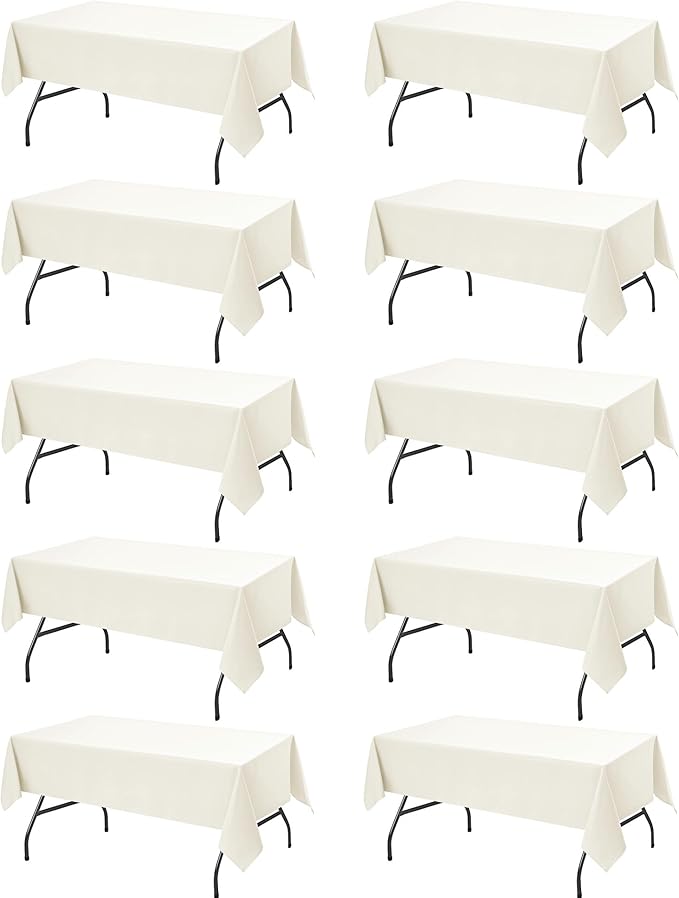 10-Pack Ivory Tablecloths for Rectangle Tables, 60 x 84 Inches, Stain-Resistant Polyester Fabric for 4 Foot Tables - Washable Table Covers for Weddings, Banquets, Birthday Parties, Events