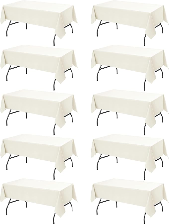 10-Pack Ivory Tablecloths for Rectangle Tables, 60 x 102 Inches, Stain-Resistant Polyester Fabric for 6 Foot Tables - Washable Table Covers for Weddings, Banquets, Birthday Parties, Events
