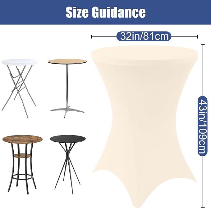 Moosfor Spandex Cocktail Table Covers 4 Pack, Elastic Fitted Stretch Table Cloth, Round High Top Tablecloths for Bar, Party, Pub, Wedding & Banquet (Beige, 32x43 Inch)