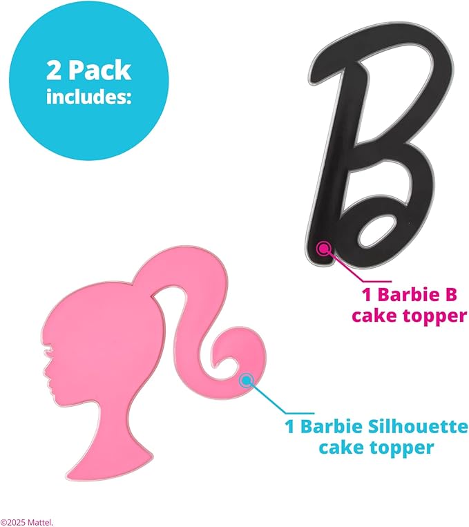 Barbie Cake Toppers | 2 Pack | Large Barbie B and Silhouette Cake Decorations, Pink and Black Ready To Use Toppers, Food Safe