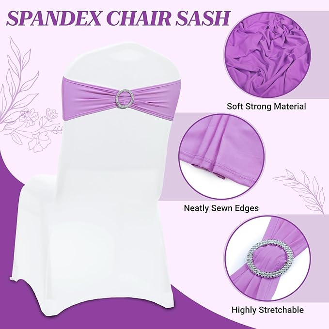 VDS - Light Purple | Spandex Chair Sashes Bows | 200 PCS | Stretch Elastic Banquet Universal Folding Chair Band Tie with Silver Buckle Slider for Wedding Party Conference Celebration Event Decoration