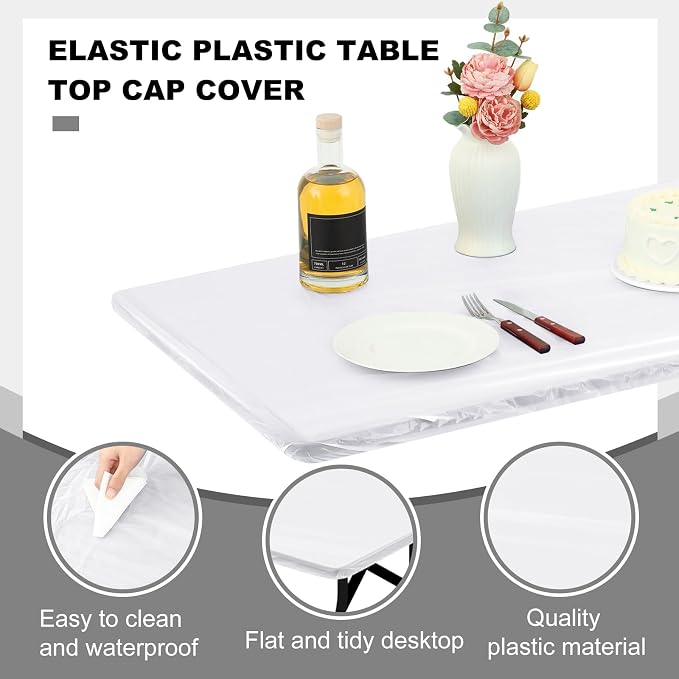 Boao 24 Pcs Summer Plastic Table Cloth Rectangle Picnic Table Covers Elastic Fitted Tablecloth, Disposable Waterproof for Camping, Indoor, Outdoor (White,6 Ft, 72 x 30 Inch)