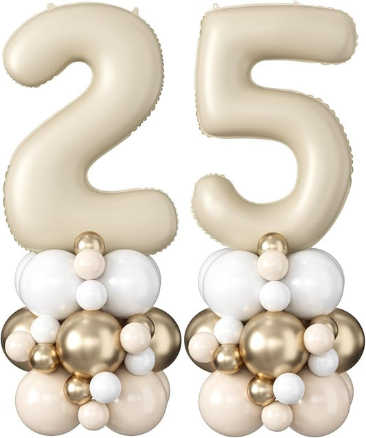 Beige Number 25 Balloons 40 Inch Cream 25th Birthday Party Decorations Neutral Nude White Sand Number 52 Foil Balloon Tower Giant Large Digit Helium Balloon for Girls Boys Women Men 52nd Anniversary