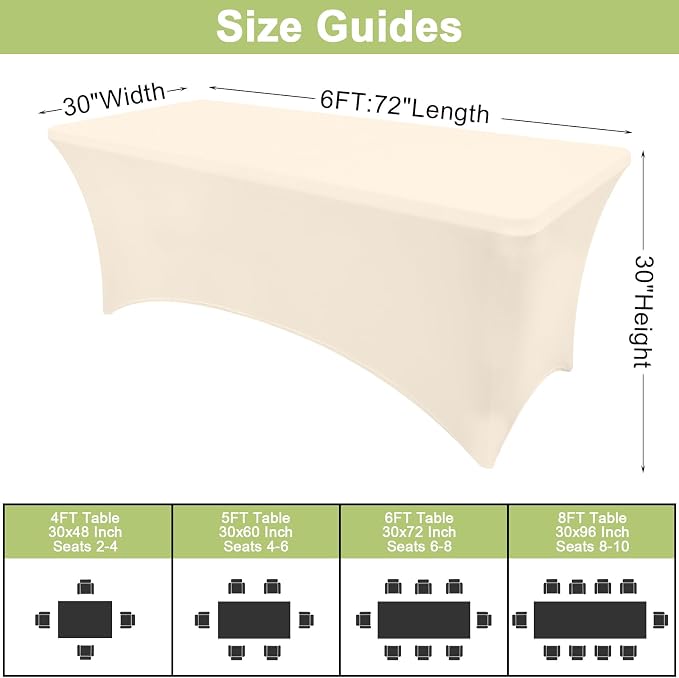 Moosfor Spandex Elastic Fitted 6FT Rectangle Tablecloth 6 Pack, Stretch Washable Reusable Table Cover for Outdoor Picnic, Dining, Wedding, Banquet & Party Events (Beige, 72Lx30Wx30H Inch)
