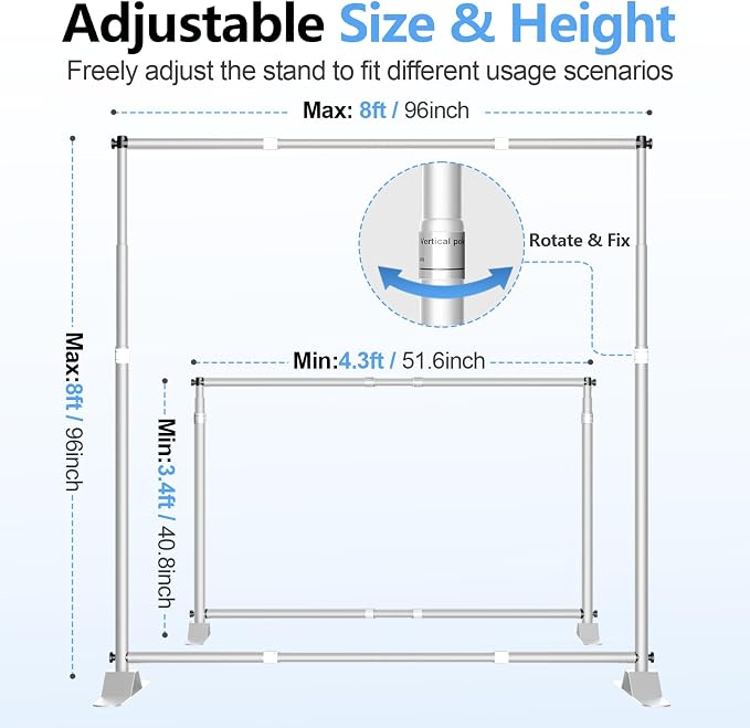 8 x 8FT Backdrop Banner Stand, Heavy Duty Adjustable Photo Background Support Frame Kit, Step and Repeat Stand for Photo Booth, Parties, Exhibition, Trade Show, Wedding - Silver