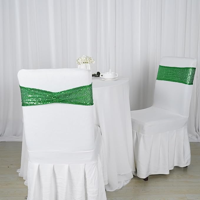 Poise3EHome Green Sequin Chair Sashes, Double Sided Glitter Folding Chair Cover Bands for Christmas Party Ceremony Banquet Decorations, 20 PCS