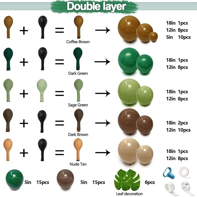 Dark Green Brown Balloon Arch Kit Double Stuffed Sage Green Nude Tan Apricot Balloon Garland with Palm Leaves for Baby Shower Safari Dinosaur Birthday Party Decoration