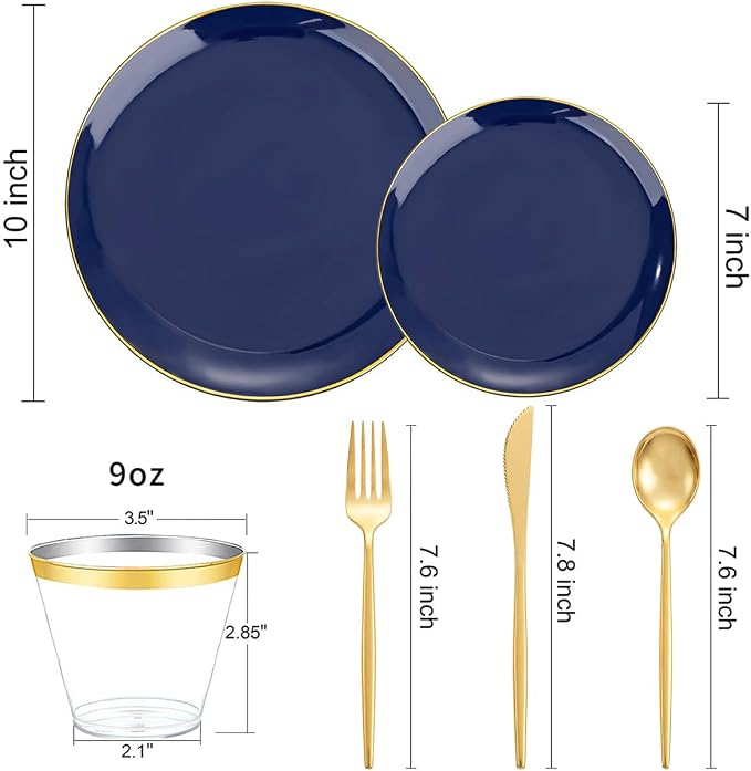 bUCLA 150PCS Blue and Gold Plastic Plates - 25 Guests Navy Blue Plastic Dinnerware Disposable for Party & 4th of July - Include 25 Dinner/Dessert Plates, 25 Knives, 25 Forks, 25 Spoons, 25 Cups