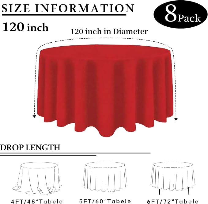 8 Packs 120 Inch Red Round Tablecloth in Diameter, Washable Polyester Fabric Tablecloths, Wrinkle Resistant Table Cloth for Wedding Party Banquet Dining