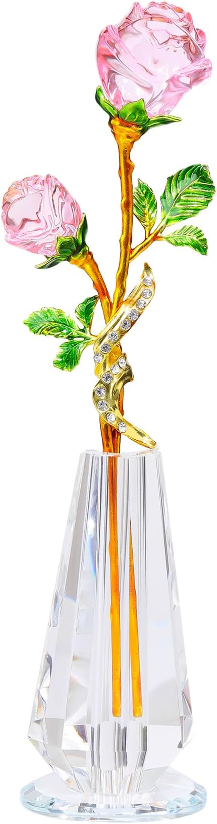 Arikyrist Pink Rose Flower Crystal Figurine with Vase, Handmade Bouquet Glass Flowers Ornament Rose Gifts for Women Mom Wife, Crystal Flower Home Decor for Valentine Mother's Day Wedding