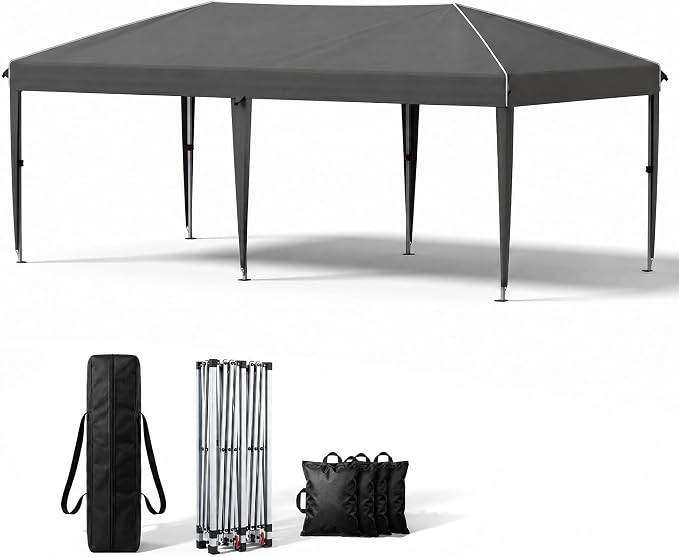 10x20 FT Portable Pop Up Canopy Tent with Sandbags, Adjustable Height Instant Gazebo, Outdoor Canopy for Camping, Parties, Vendor Events (Grey with Reflective Strip, 3m × 6m Without sidewalls)