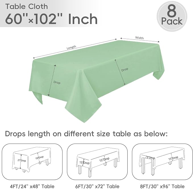 8 Pack Light Green Tablecloth 60 x 102 Inch Rectangular Green Table Cloth for 6 Foot Rectangle Tables, Wrinkle Resistant Washable Polyester Fabric for Wedding Party Banquet Buffet and Camping
