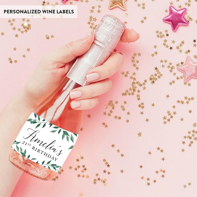 Andaz Press Personalized Birthday Mini Wine Labels for Bottles, Greenery Green Leaves 20-Pack Custom Mini Champagne Bottles Bulk Waterproof Mini Wine Bottle Labels Party Favors Adults Birthday