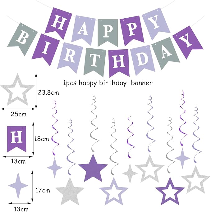 Lavender-Purple Silver Birthday Party Decorations - 19pcs Lilac Women Girls Streamers Banner,Paper Star Garland Lanterns Honeycomb Fan,Tissue Pom Poms,Wall Ceiling Backdrop Supplies Ouruola