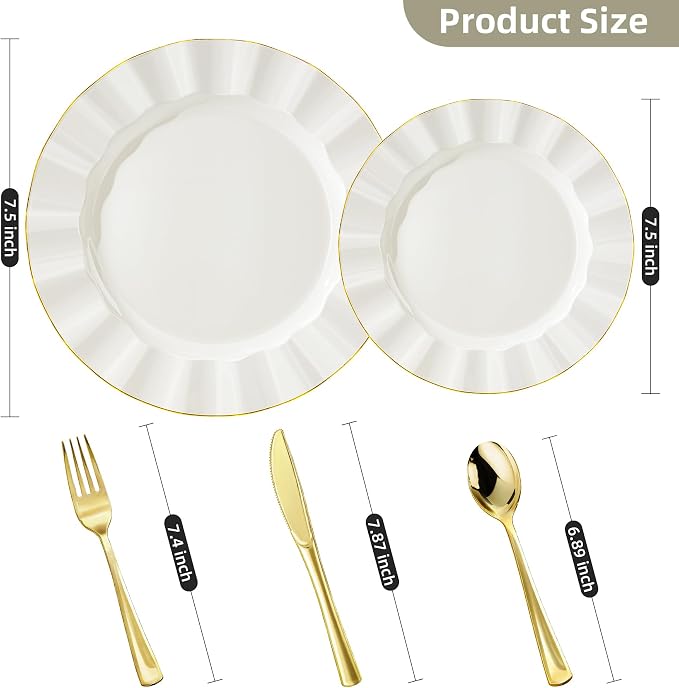 125PCS Ivory Plastic Plates Sets with Gold Rim, Gold Dinnerware Set for 25 Guests, 50 Disposable Dinner and Dessert Plates, 75 Silverwares for Party and Wedding