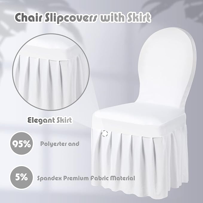 Oudain 10 Pcs White Chair Covers with Skirt Spandex Chair Slip Covers Wedding Long Stretch Protectors Removable and Washable for Dining Chairs Hotel and Wedding Ceremony