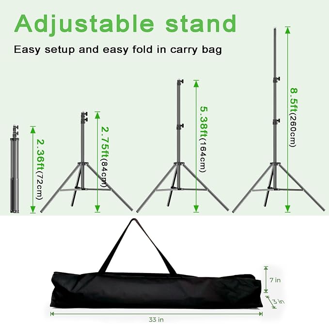 10x8.5 ft Adjustable Green Screen Backdrop Kit with Stand, Photo Background Support System for Video Streaming, Photography, Studio, Parties, Events