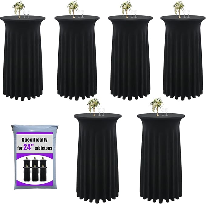 6-Pack 24"x43" Black Round Cocktail Table Skirts | Stretch Spandex Fitted Tablecloths | Stain-Resistant, Wrinkle-Resistant, and Machine Washable for Bars, Weddings, Parties, and Banquets