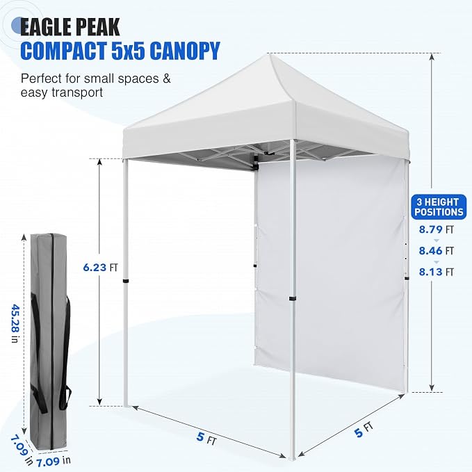 EAGLE PEAK Pop up Canopy 5x5, Outdoor Portable Canopy Tent with One Removable Sunwall, Carry Bag Included, White
