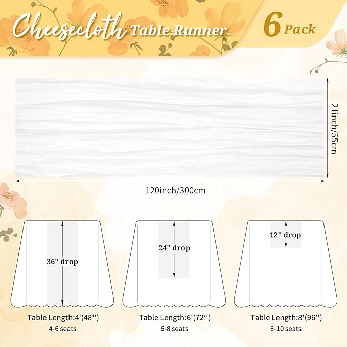 6 Pack Cheesecloth Table Runner White 10Ft Rustic Boho Gauze Table Runner Romantic Long Sheer Fabric Cheesecloth Table Runner for Wedding Festival Birthday Anniversary Dinner Outdoor Events