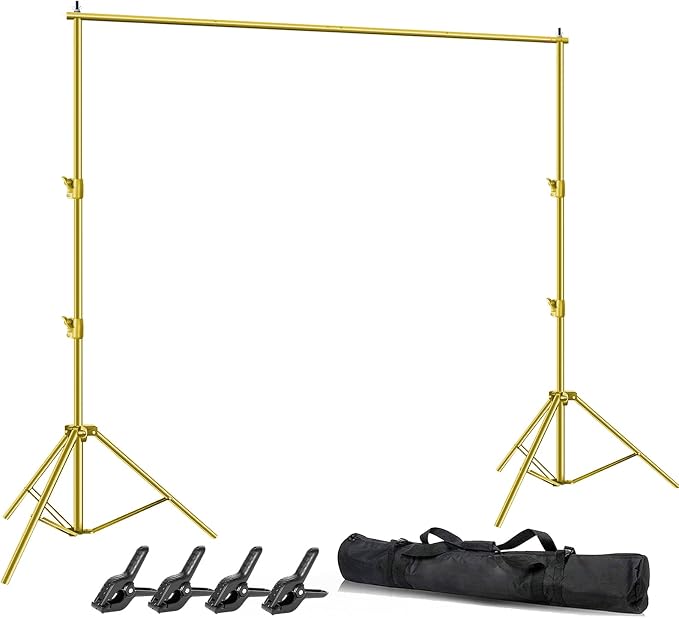HYJ-INC Photo Video Studio Backdrop Stand- Titanium Gold, 12(W) x 10(H) ft Heavy Duty Adjustable Photography Muslin Background Support System Kit with Carry Bag,4 Spring Clamps