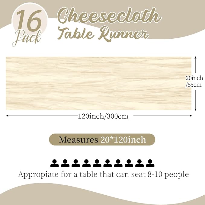 16 Pack Ivory Cheesecloth Table Runners 20x120 Inch Gauze Table Runner 10FT Easter Cheese Cloth Table Runner Rustic Sheer Runner for Wedding Baby Shower Birthday Party Table Decor