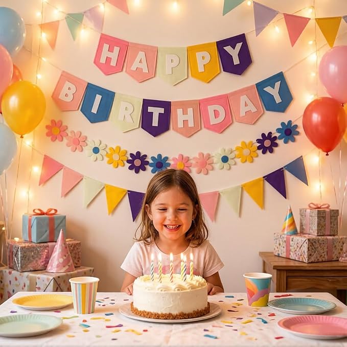 Yancan Colorful Happy Birthday Banner for Girls Women Party Decoration | Pre-strung Felt Happy Birthday Banner, Flowers Garland, Triangle Flags