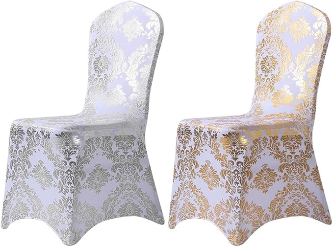 Pack of 10 Dining Chair Covers Bronzing Silver Flower Print Removable Washable Spandex Stretch Decorative Chair Slipcovers Set for Party Wedding Home Decorations - Silver+White