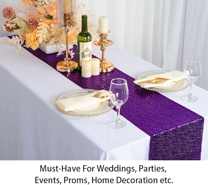ShinyBeauty Purple Sequin Table Runners 12x108 Inches (Pack of 10) - Glittering Wedding, Graduation, Birthday, Baby Shower Party Decor, Elegant Holiday Table Cover Supplies