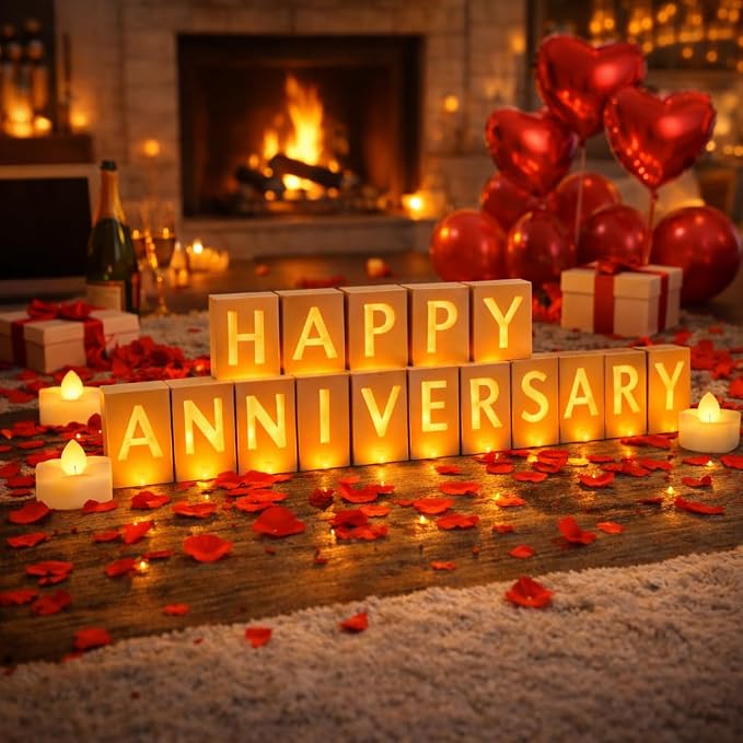 Happy Anniversary Light Up Letters, Include Light up Letters, with Tea Lights Candles, Latex Balloons, Aluminum Balloons and Rose Petals, Anniversary and Valentines' Day Decorations
