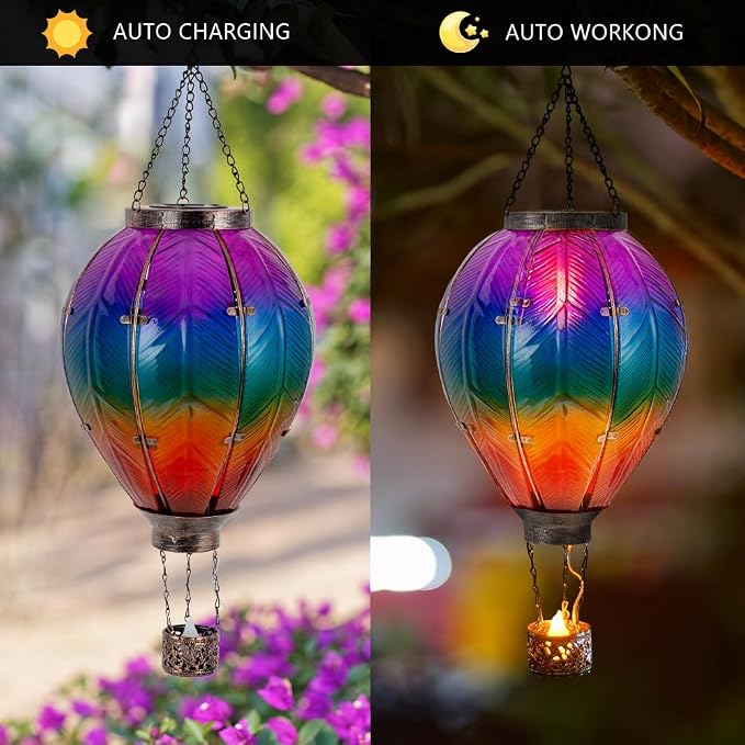 STARSOUL Extra Large Solar Hot Air Balloon Lantern with Flickering Flame, Hanging Solar Lantern Outdoor Waterproof, Hot Air Balloon Solar Light Decorations for Garden Yard Lawn Porch